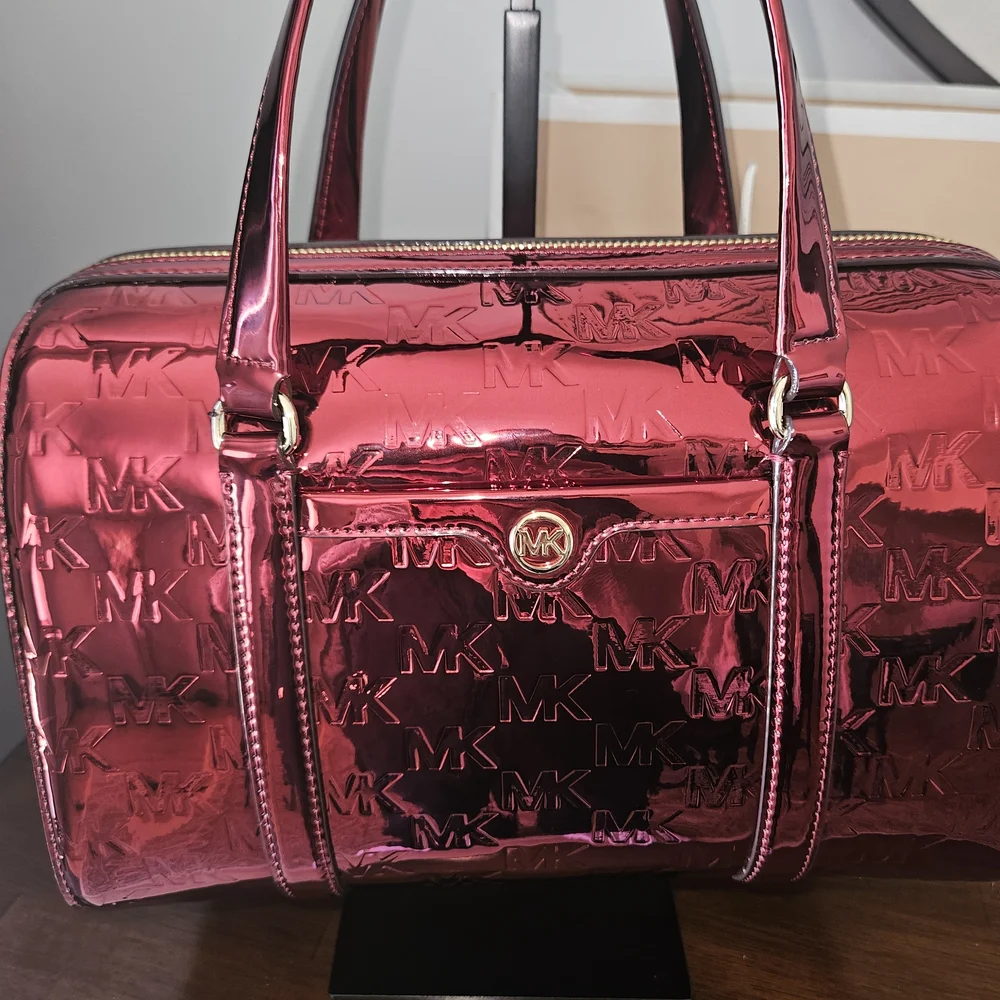 Michael Kors Metallic Rose Pink MK-Embossed Satchel - Picture 1 of 13